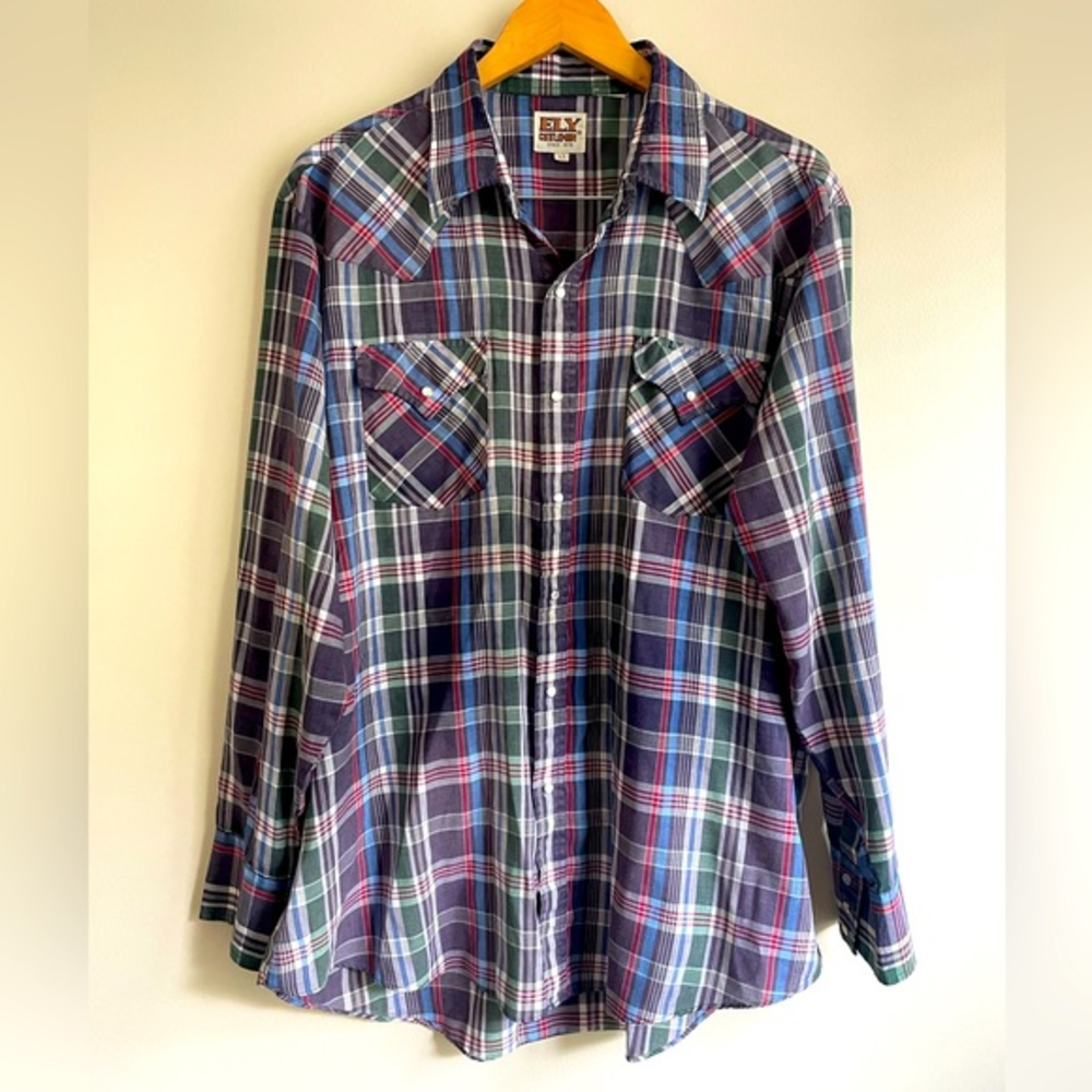 ELY Cattleman Pearl Snap Blue Green Plaid Long Sleeve Mens Western‎ Shirt XL